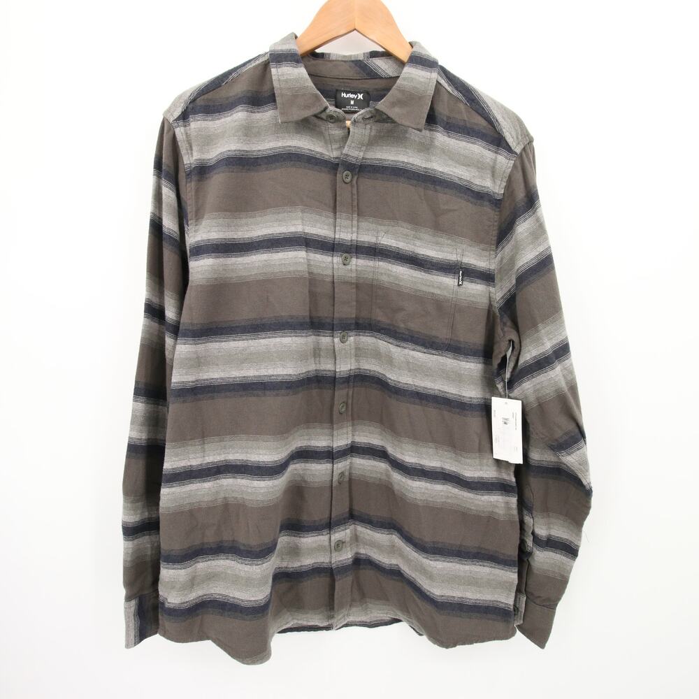 Hurley Mens Flannel Shirt Green Black Brown Portland Striped Organic Cotton M